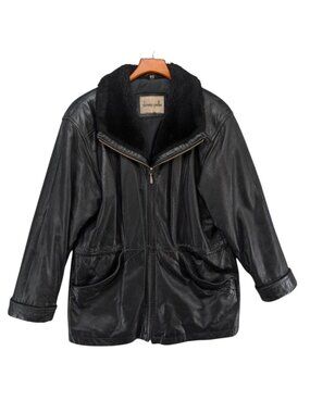 Vtg Donna Pelle Leather Jacket Womens Black Faux Fur Collar Full Zip Lined Sz M